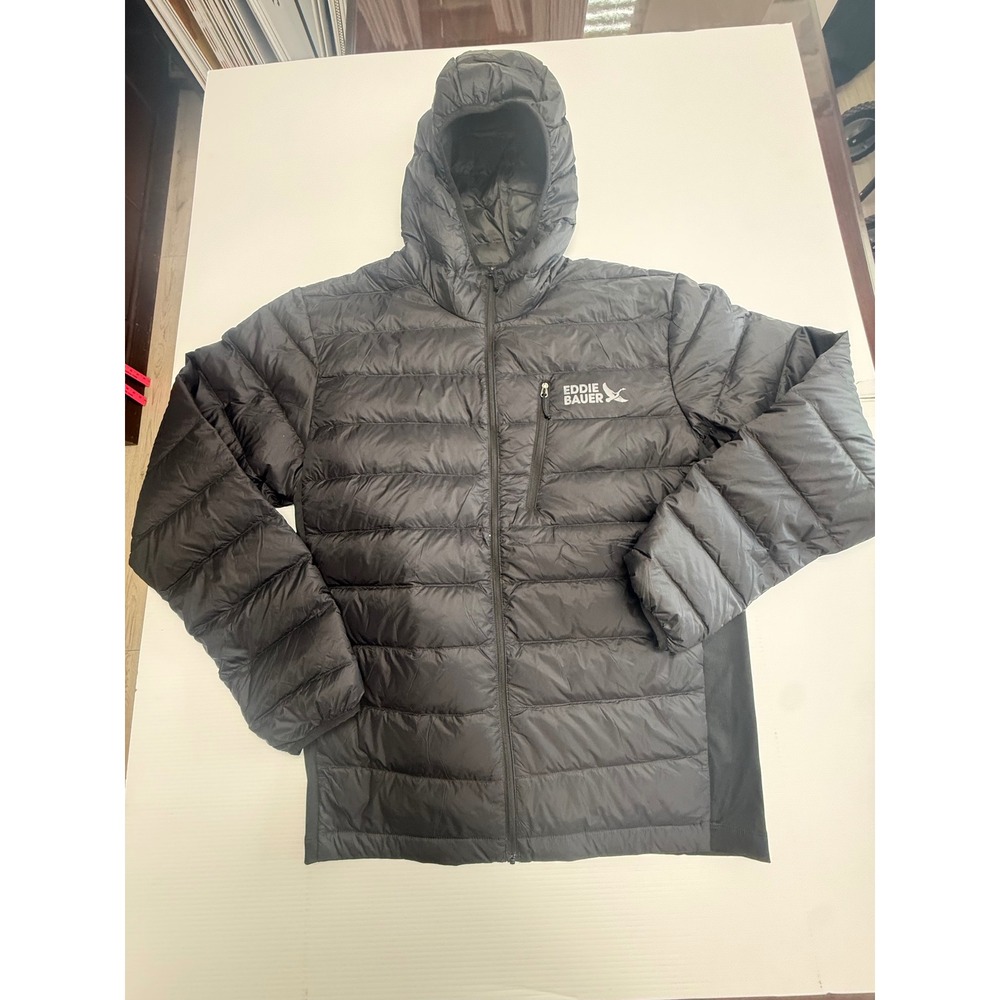 Eddie Bauer Puffer Jacket Mens L Black Good 550 Down Hooded Quilted Full Zip